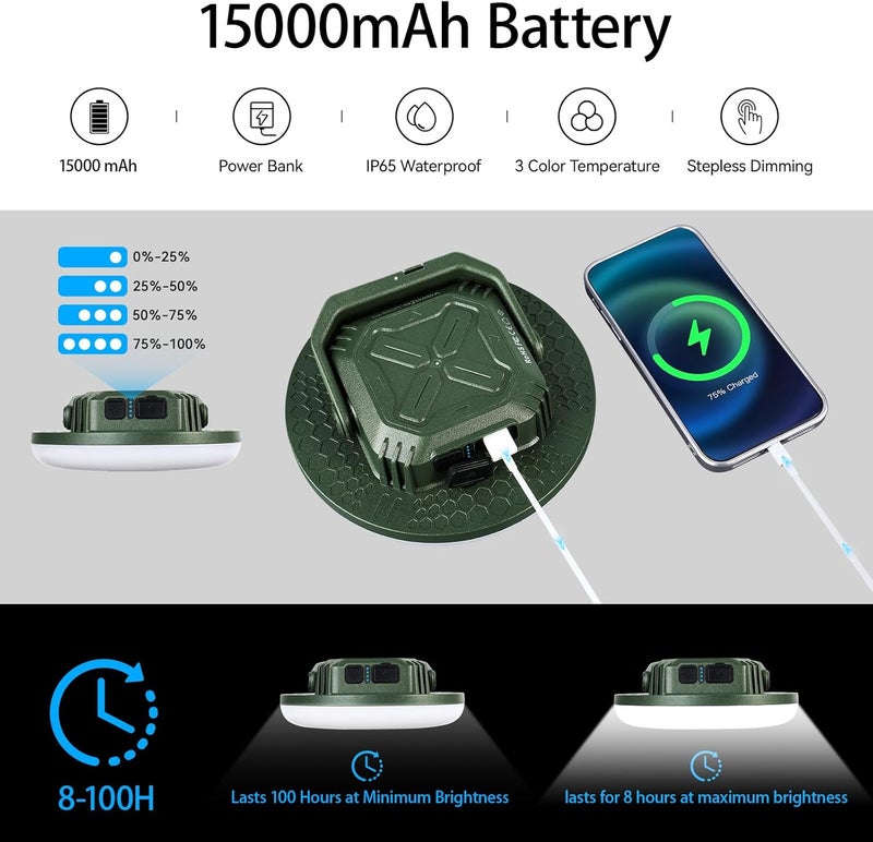 vavofo 15,000mAh 4000LM LED Camping Lantern Rechargeable, 3 Lighting Modes Portable Tent Light with Magnet, IP65 Waterproof Hanging Light for Emergencies, Power Outages ,Hurricane(Green) - Image 2